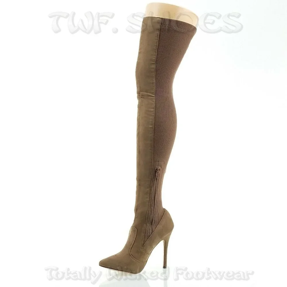 Brand New Chase Taupe Knit / Faux Suede Stretch OTK High Heel Thigh Boots